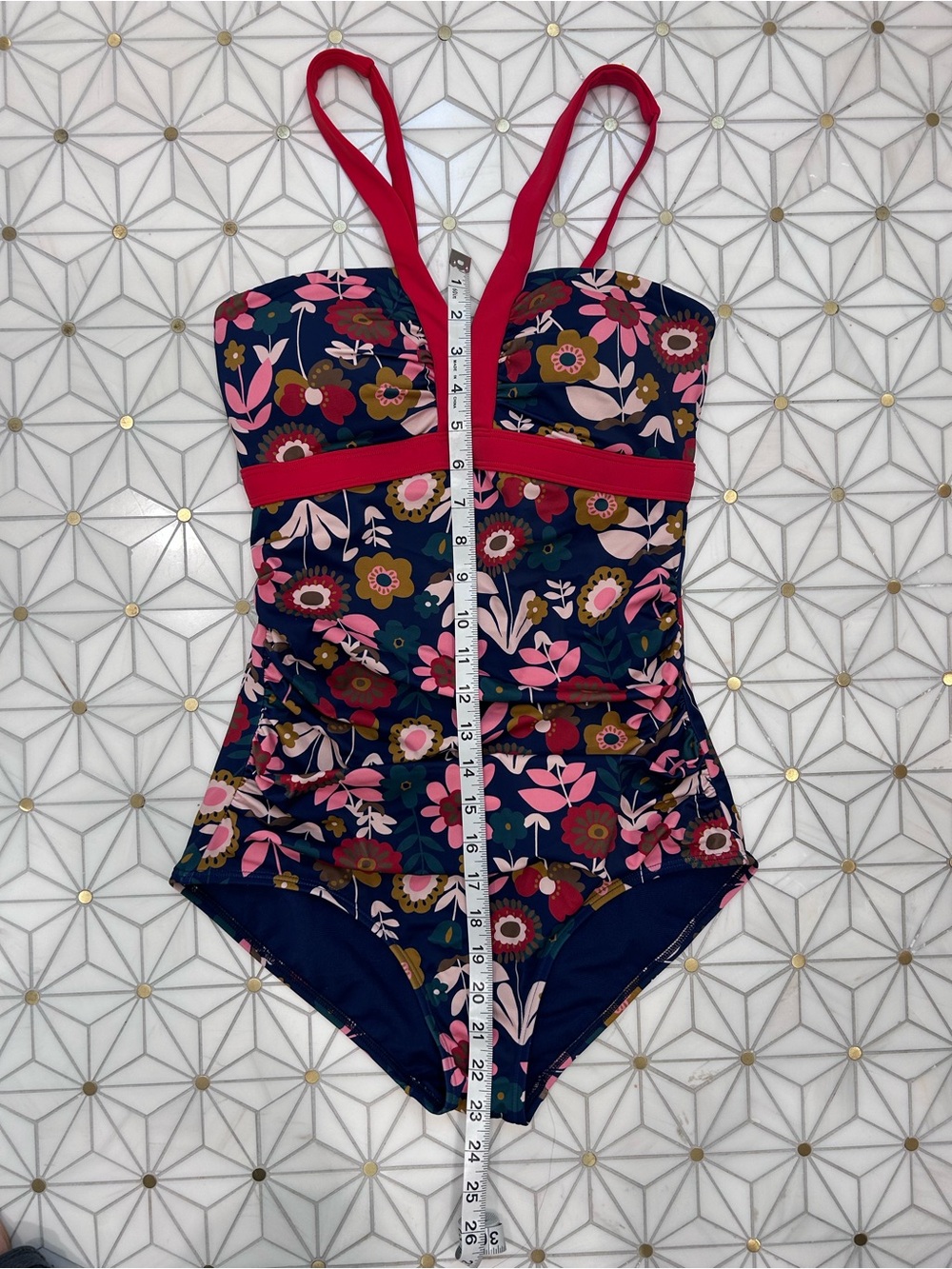 Boden Navy Floral One-Piece Swimsuit with Pink Straps - Women's Size 8 Long - Picture 6 of 6